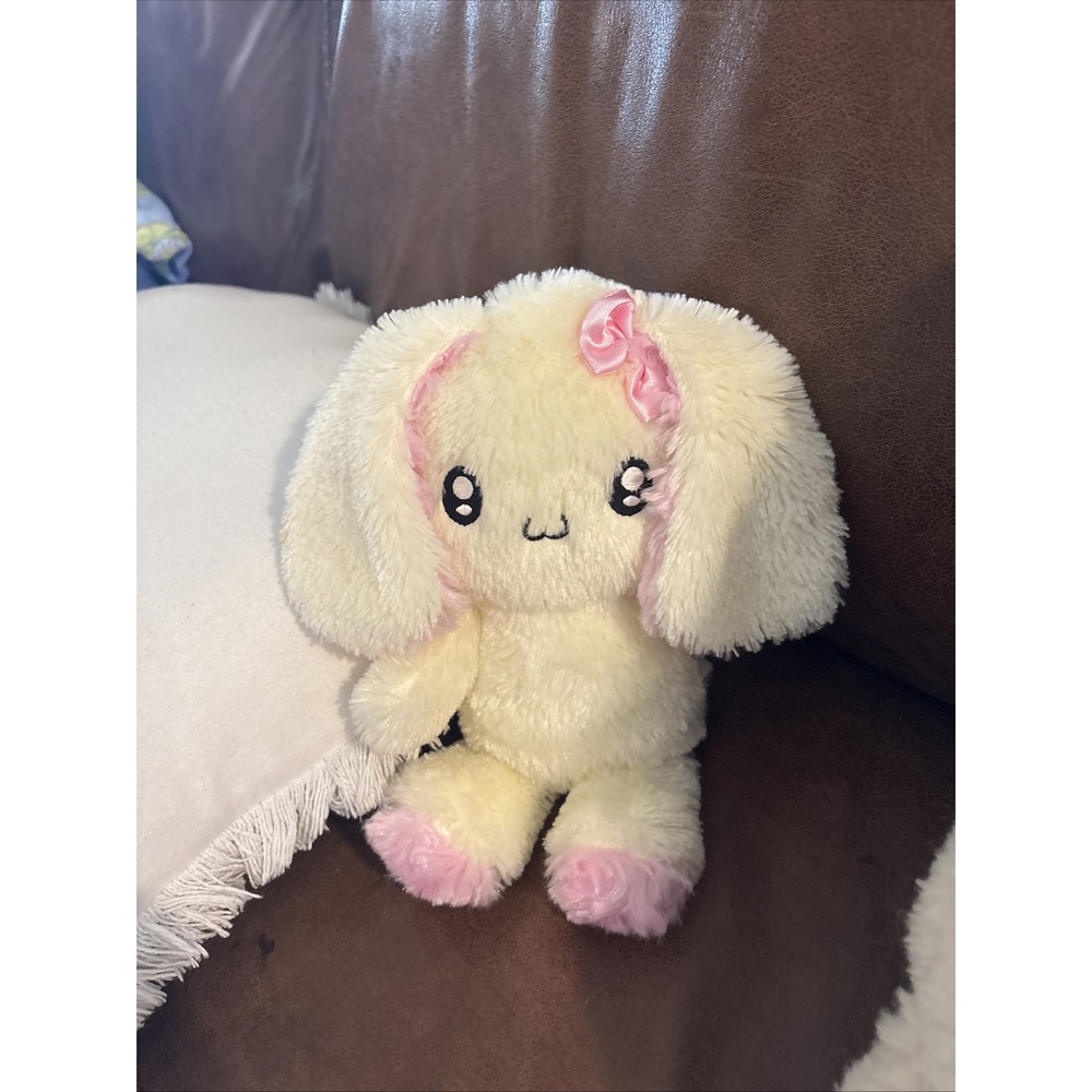Plush Bunny Rabbit Cream Pink Flower Bow Stuffed Animal Anime Eyes Toy